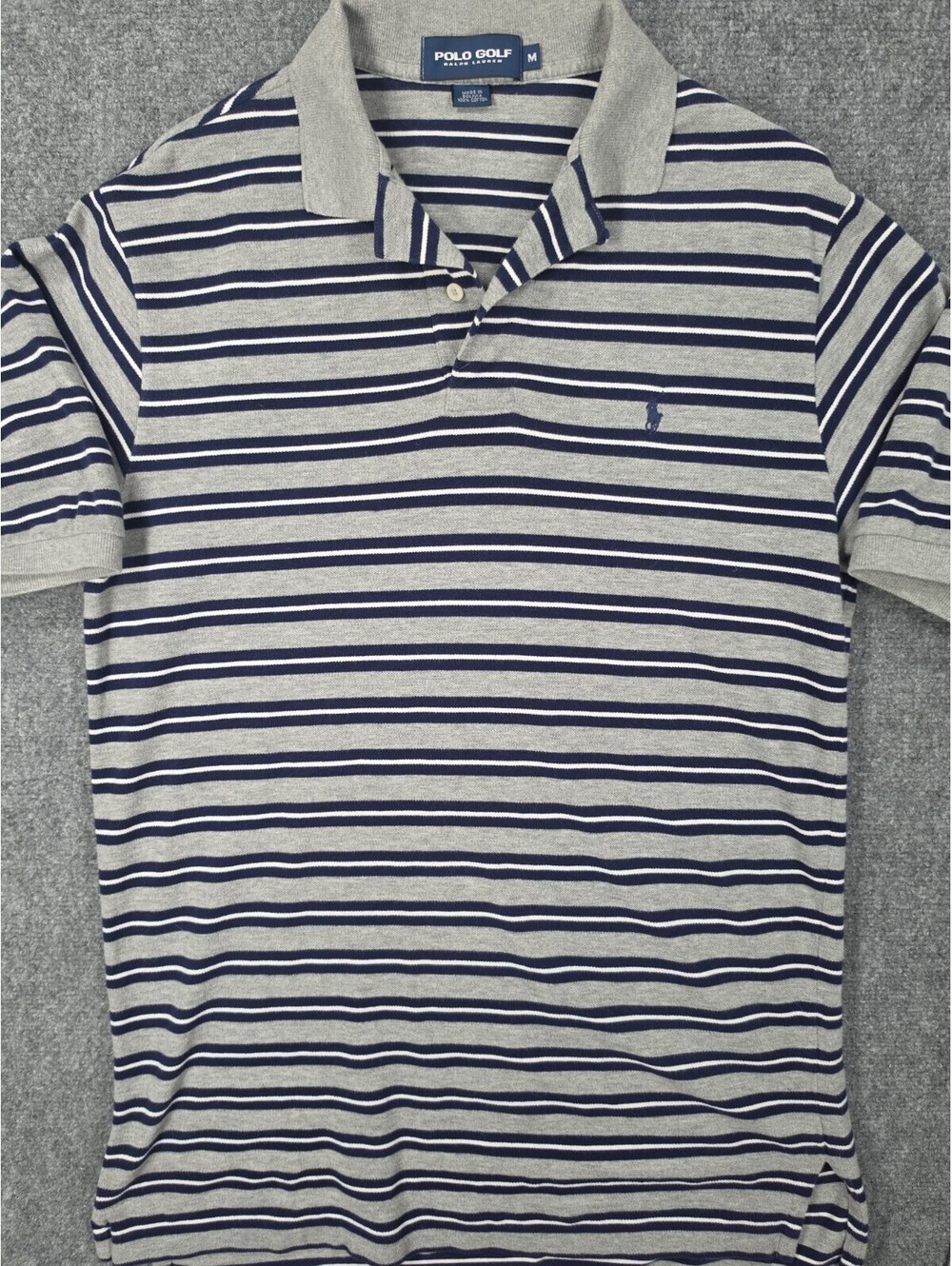 Polo Golf Ralph Lauren Men's M Gray Navy Stripe Cotton Polo Shirt Golf Preppy